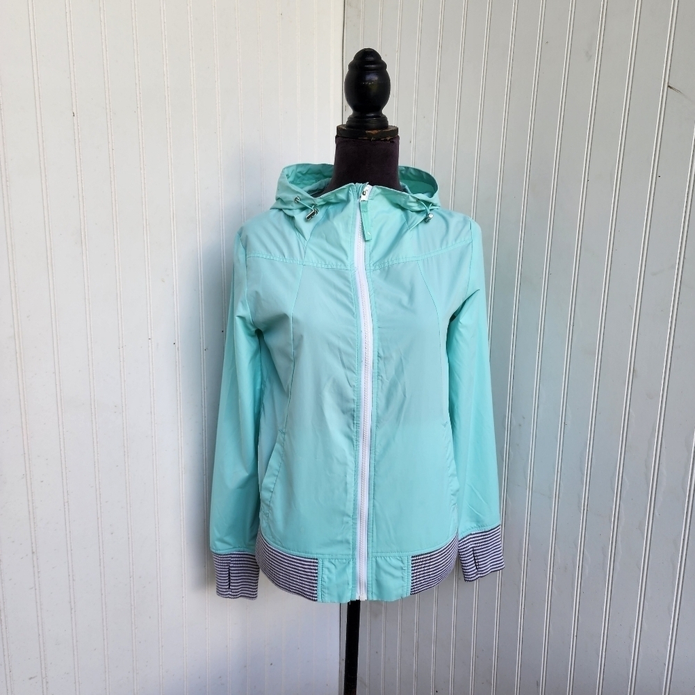 MPG Mondetta Performance Gear Rain Jacket Windbreaker Womens Aqua Blue Hooded S
